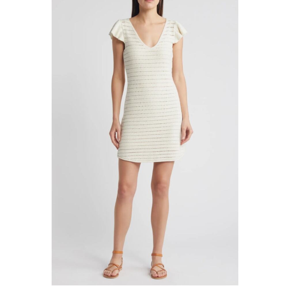 Treasure & Bond Flutter Sleeve Woven Knit Cream Linen Blend Sweater Dress